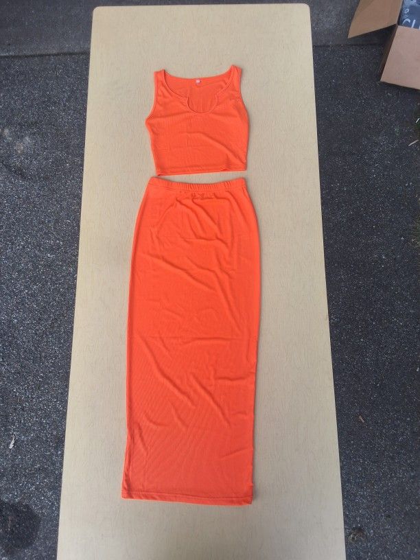 New! π₯ Orange Ribbed Knit Crop Top Maxi Skirt 2 Piece Set Dress Vacation Loungewear