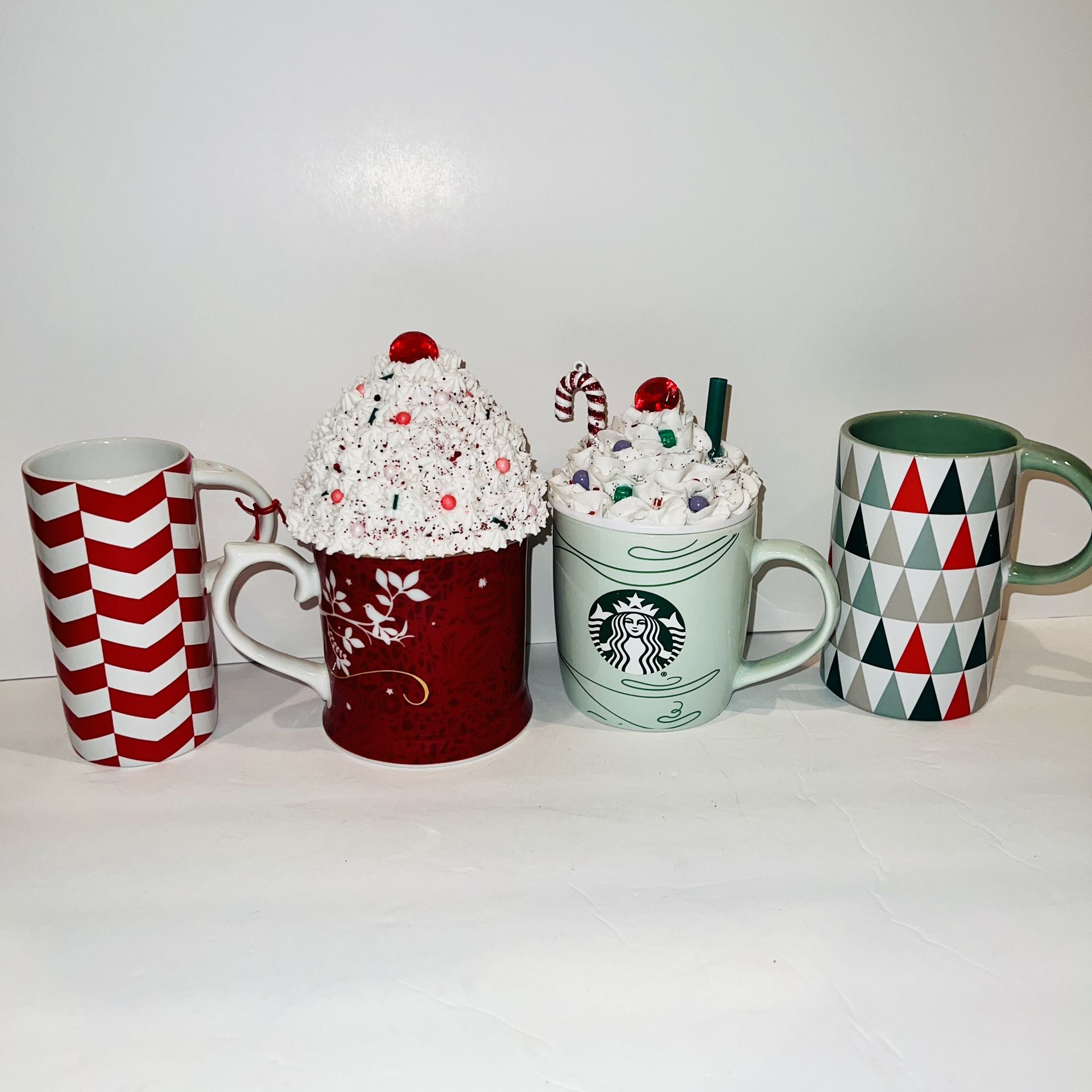4 Starbucks Christmas Mugs + 2 Homemade Faux Whipped Cream...