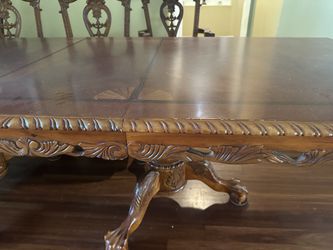 9.5 ft. vintage Chippendale double barrel pedestal dining table.