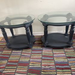 2 Oval Glass Top Blue End Tables