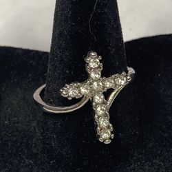 White Crystal Cross Ring, Silver Plated, Size 9