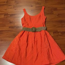 NINE WEST Orange/Coral Sleeveless A-line Dress With Belt