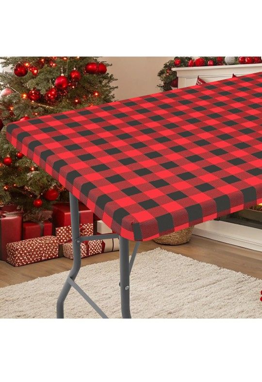 Smiry Rectangle Picnic Table Cloth, Elastic Waterproof Fitted Vinyl Tablecloths, Flannel Backed Buffalo Plaid Table Covers for Dining, Camping, Outdoo