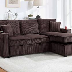 Brand New Brown Corduroy Convertible Sectional
Reversible Storage Chaise W/ Cup Holder & USB & USB-C Port
