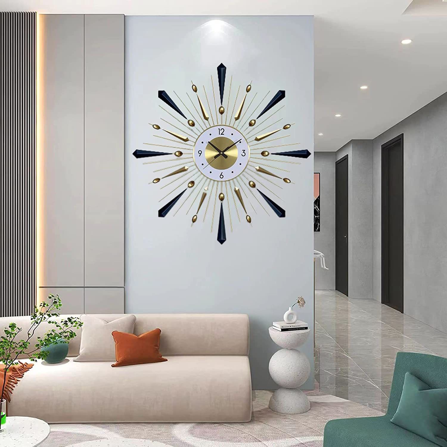 Large Starburst Decorative Wall Clock 28in Mid Century Modern Clock Big Silent Metal Sunburst Clocks for Living Room Decor