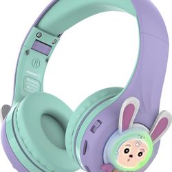 Riwbox RB-7S Rabbit Kids Headphones Wireless, LED Light Up Bluetooth Over Ear Headset Volume Limited Safe 75dB/85dB/95dB with Mic and TF-Card, Childre