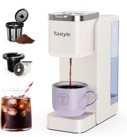 Tastyle Single Serve Coffee Maker for K Cups and Grounds with 3 Brew Styles 40oz Removable Water Tank, 6 to 24oz Brew Size, Compact Design, Fits 7.3"