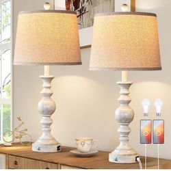 Rustic Table Lamps For Bedroom Set of 2, 28” Farmhouse Bedside Lamp With USB