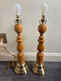Pair of mid century modern vintage wood lamps with gold metal base