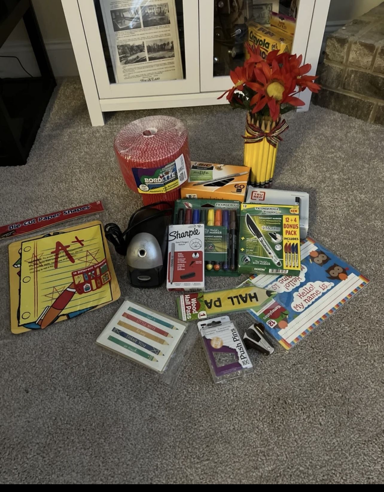 Box of Teacher Supplies Including Vase & Pencil Sharpener