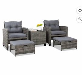 5 Piece Patio Furniture Set,Outdoor PE Wicker Patio Chair Two with Ottoman Underneath, Wicker Lounge