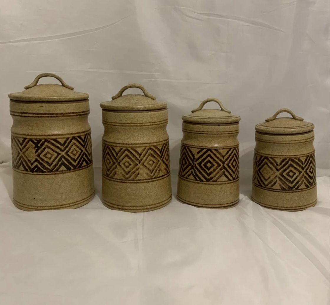 Vtg Pottery Craft USA Stoneware Canister Set Of 4 Series-1970s Boho MCM Kitchen