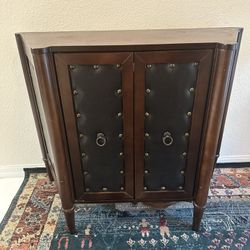 Storage/console Cabinet,black Leather And Brown Wood, Nailed Trim, Excellent Condition $100