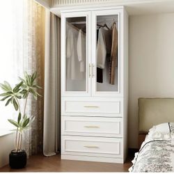 FUFU&GAGA Wardrobe Closet with Glass Doors, Modern White Bedroom Armoire with Gold Handles, Modern Clothes Storage Cabinet with 3 Drawers, Hanging Rod