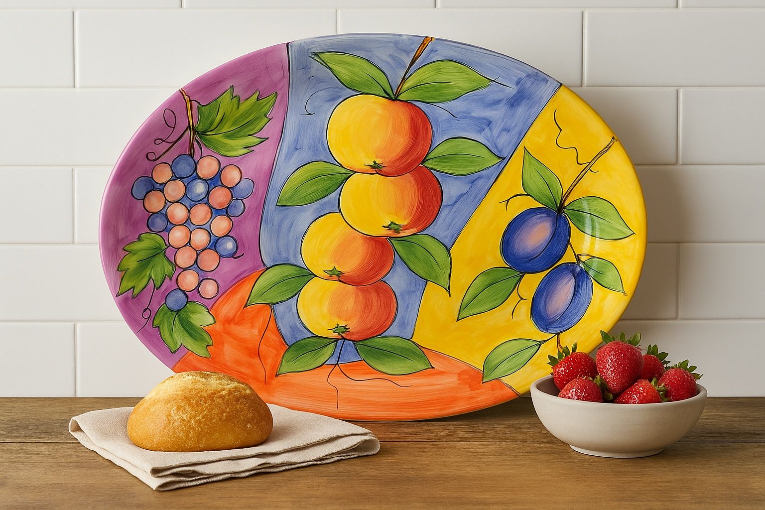 Italian 1990s Ancora Style Large Hand Painted Fruit Motif Platter, 19.5”