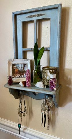 Vintage Upcycled Farmhouse/Cottagecore Rustic Light Blue Wall Shelf with Heart Cut-Out