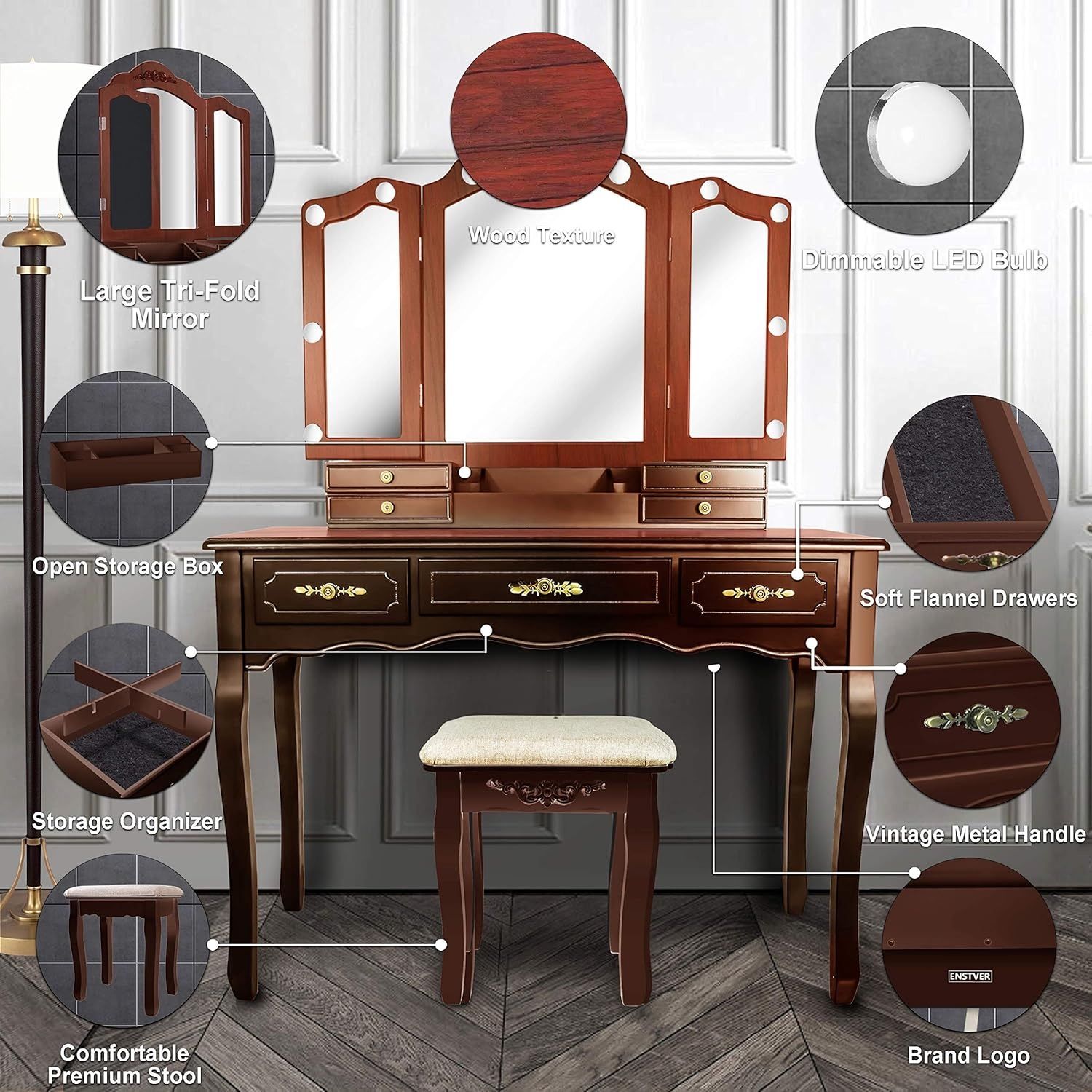 #79 Vintage Vanity Desk with Mirror and Lights, Tri-Folding Mirrors, 6 Organization 7 Drawers Makeup Dress Vanity Table with Cushioned Stool-Espresso