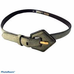 RENA LANGE Leather Belt Olive Green Narrow with Diamond Shaped Buckle Gold Hardware