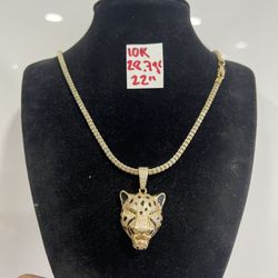 10K Yellow Gold Chain and Pendant CUBIC ZIRCONIUM STONES 28.7Gr 22 Inches Long 