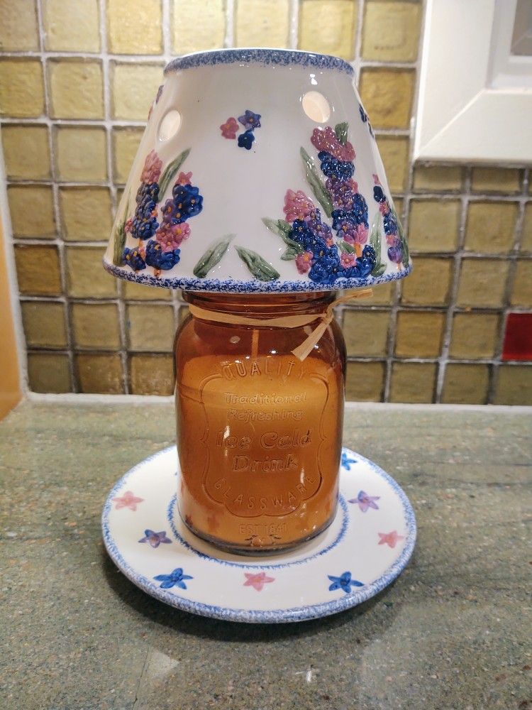 Vintage Ceramic Candle Shade And Plate Set