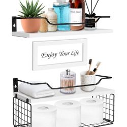 Floating Shelves, Bathroom Shelves with Metal Guardrail Wall Decor Set of 3, Rustic Wood