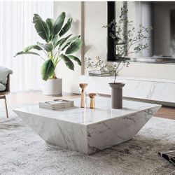 Povison 31.5" White Square Modern Trapezoidal Base Faux Marble Coffee Table  [NEW[ **Retails for $999  <NO Assembly Req>