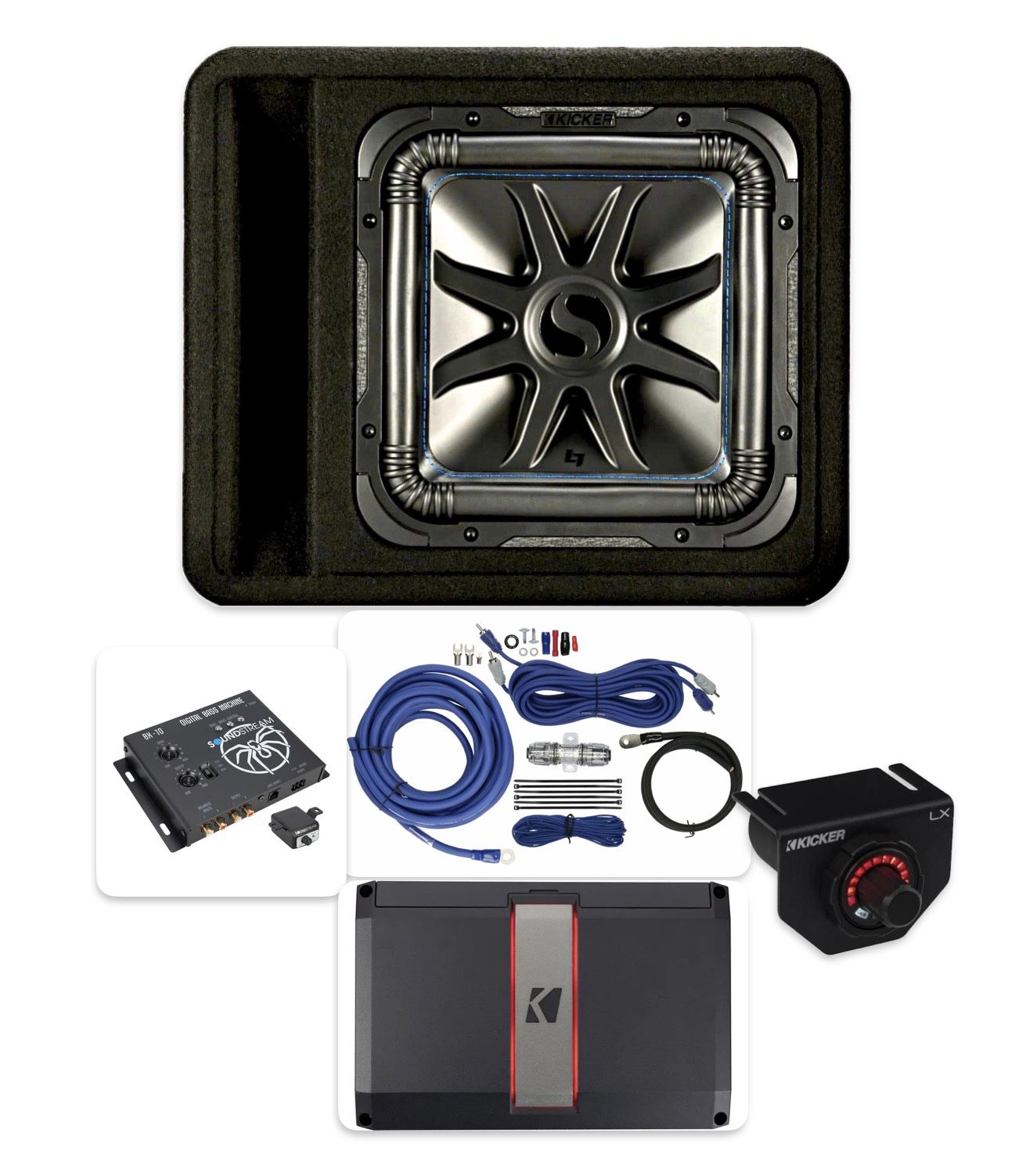 NEW KICKER L7s 12” Subwoofer Ported Box Kicker Amp Epicenter Wires Installed