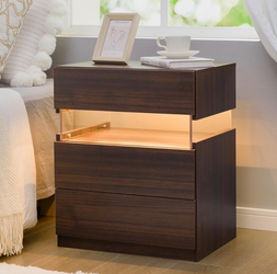 LED Nightstand Wood LED Bedside Tables LED Night Stand with 3 Drawers End Side Tables for Bedroom Living Room