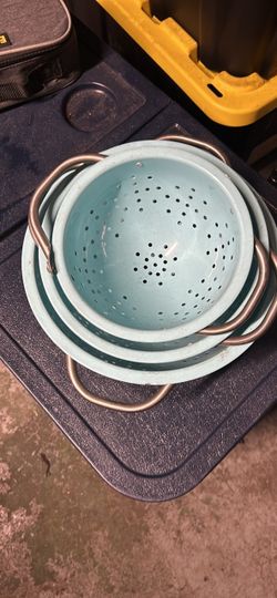 Light Blue Enamel Colander with Metal Handles
