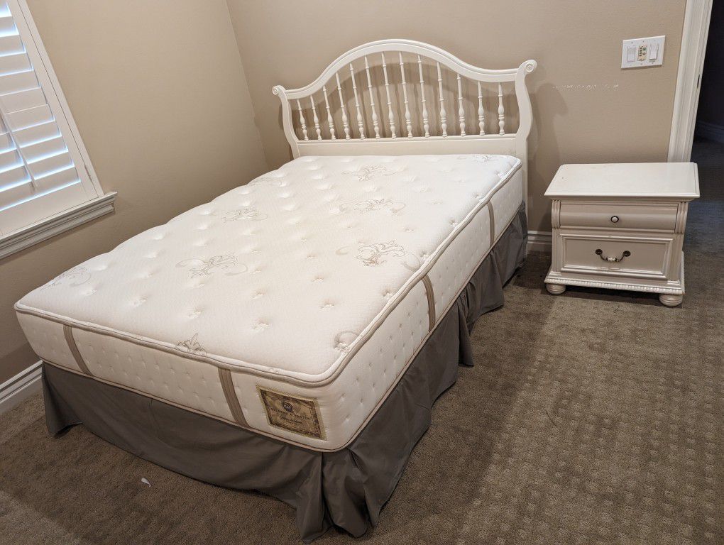 Queen Size Bed Frame, Mattress, Nightstand, And Dresser With Mirror