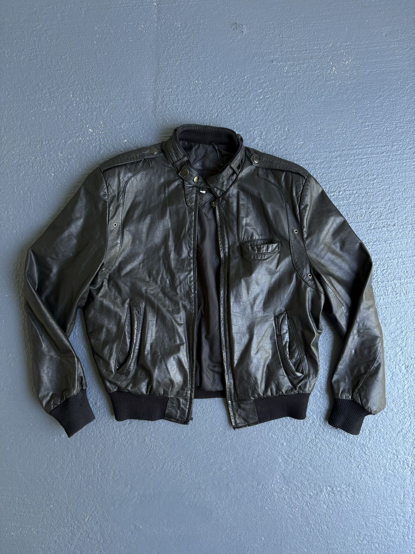 Vintage Royal Knight Black Leather Buckle up Bomber Jacket