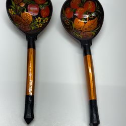 Vintage Russian Khokhloma Wooden Spoons Set Hand Painted Folk Art USSR
