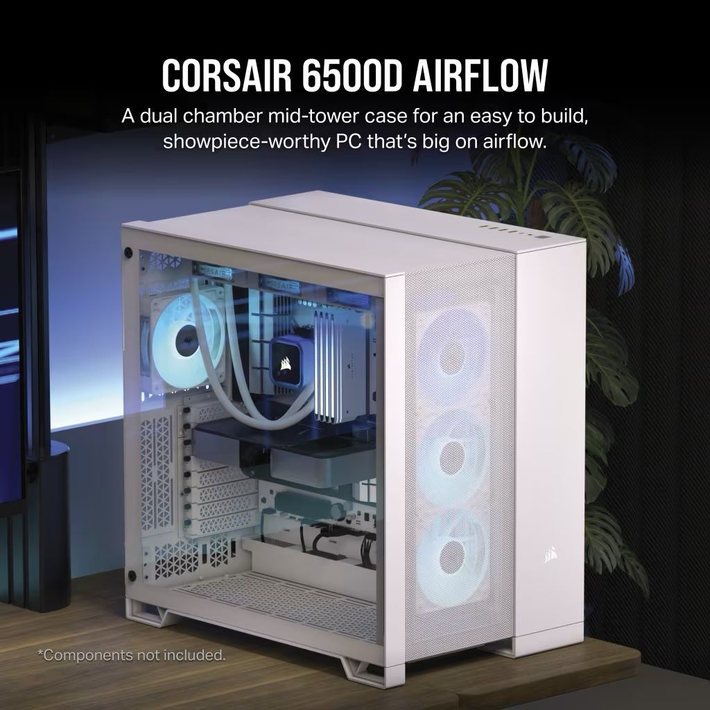 CORSAIR 6500D AIRFLOW Mid-Tower ATX Dual Chamber PC Case – Tempered Glass – Reverse Connection Motherboard Compatible – White