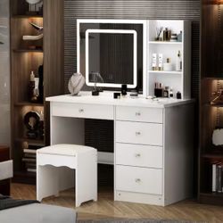 5-Drawers White Wood LED Push-Pull Mirror Makeup Vanity Sets Dressing Table Sets with Stool and 3-Tier Storage Shelves