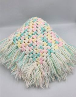 Vtg. Handmade Crochet Knit Baby Blanket Chunky Pastel MutiColor Fringe 34"x 34"