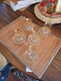 Vintage Pasabahce Timeless Turkish Tea Set of 5 Glass Cups Saucers Gold Trim MCM