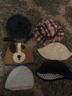 To crocheted beanies one soft baseball cap three baby bucket hats Great for summer. All baby hats most about 0 to 3 or 0 to 6 months