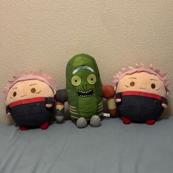 2x Yuji Itadori Plushies And 1x Pickle Rick Plushie