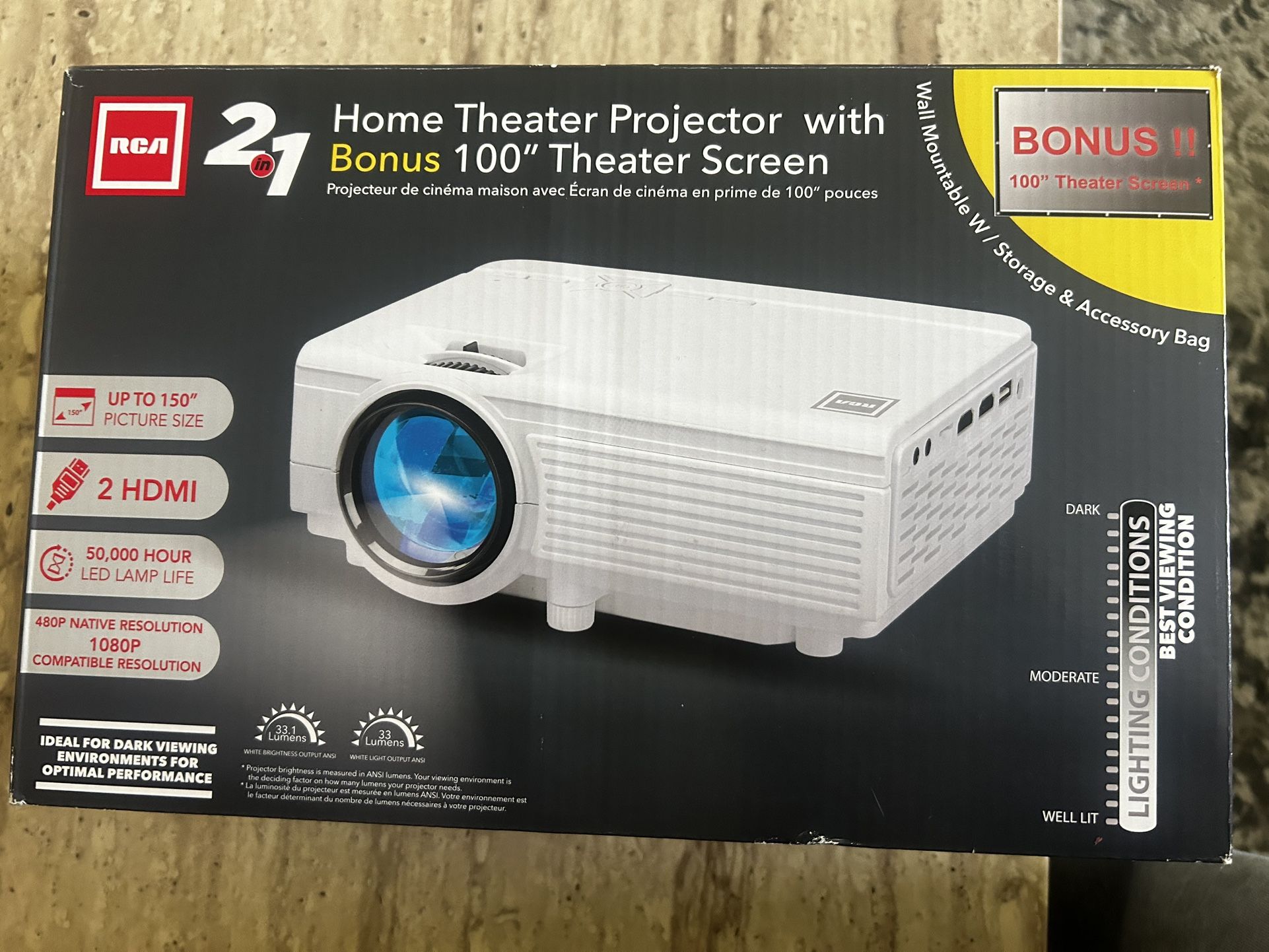 RCA Projector + 100” Screen — Brand New
