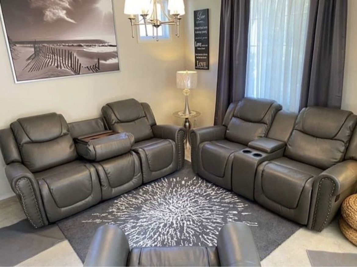 Gray Leather Recliner Living Room Set Include Sofa, Loveseat And Chair