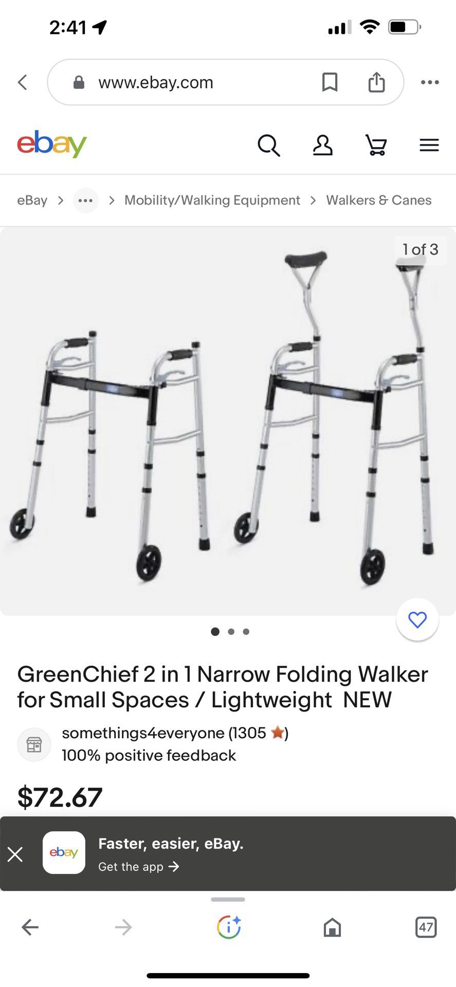 GreenChief 2 in 1 Narrow Folding Walker for Small Spaces / Lightweight NEW