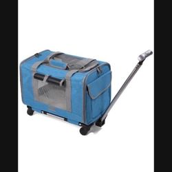 Prokei Cat Or Dog Carrier With Wheels For Dogs, Telescopic Handle Pet Travel Bag,Trolley Rolling Carriers For Small Medium Animals Kitten Puppy(Blue)