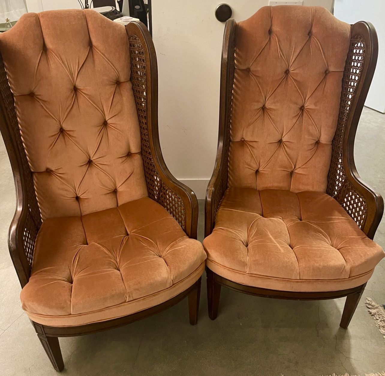 Vintage Antique Retro Boho Wood Cane Rattan Velvet Chairs 