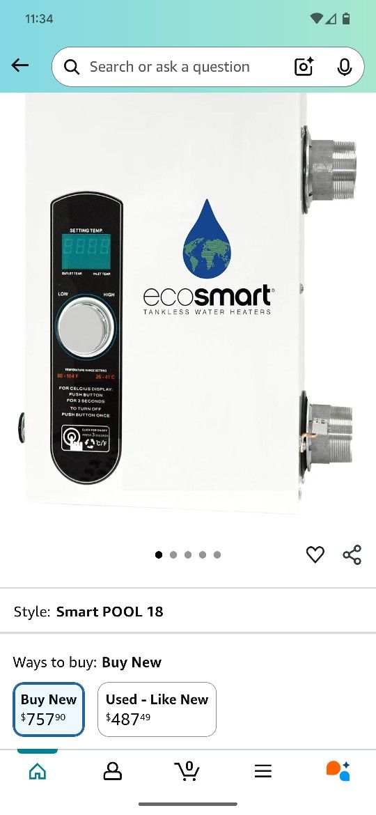 New EcoSmart Smart Pool 18 Tankless Electric Pool Heater 18 kW 240 V 3.51 GPM