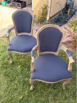 French Country Upholstered Arm Chairs – Set of 2 – Nailhead Trim