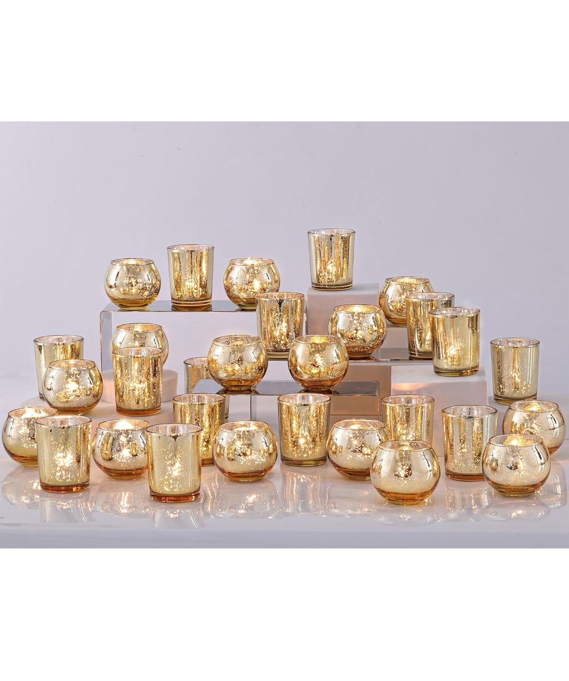 47 Pc Assorted Gold Votive Candle Holders Bluk, Gold Wedding Decorations, Mercury Glass Candle Holder for Tea Lights, Christmas Party Diwali Centerpie