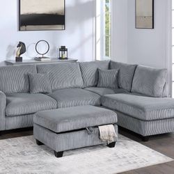Corduroy Sectional Sofa With Ottoman Storage And Usb Charging Cord