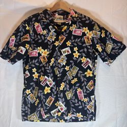 Ho Aloha Made In Hawaii Men’s Button Up Short Sleeve 100% Cotton Stamps/Leaves