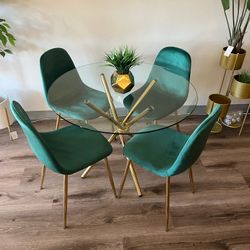 Emerald Green Gold Velvet Glass Dining Set 