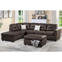Brown Faux Leather Sectional Sofa With Ottoman  